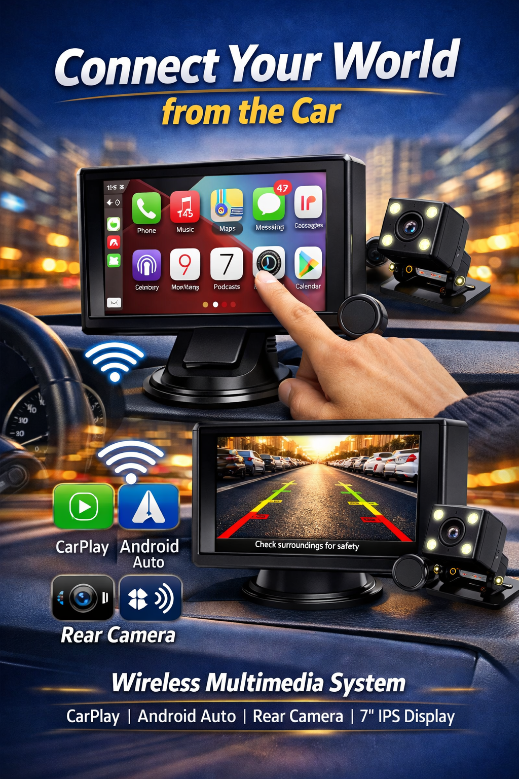 Pantalla Inteligente para Auto IPS de 7" con CarPlay y Android Auto Inalámbricos