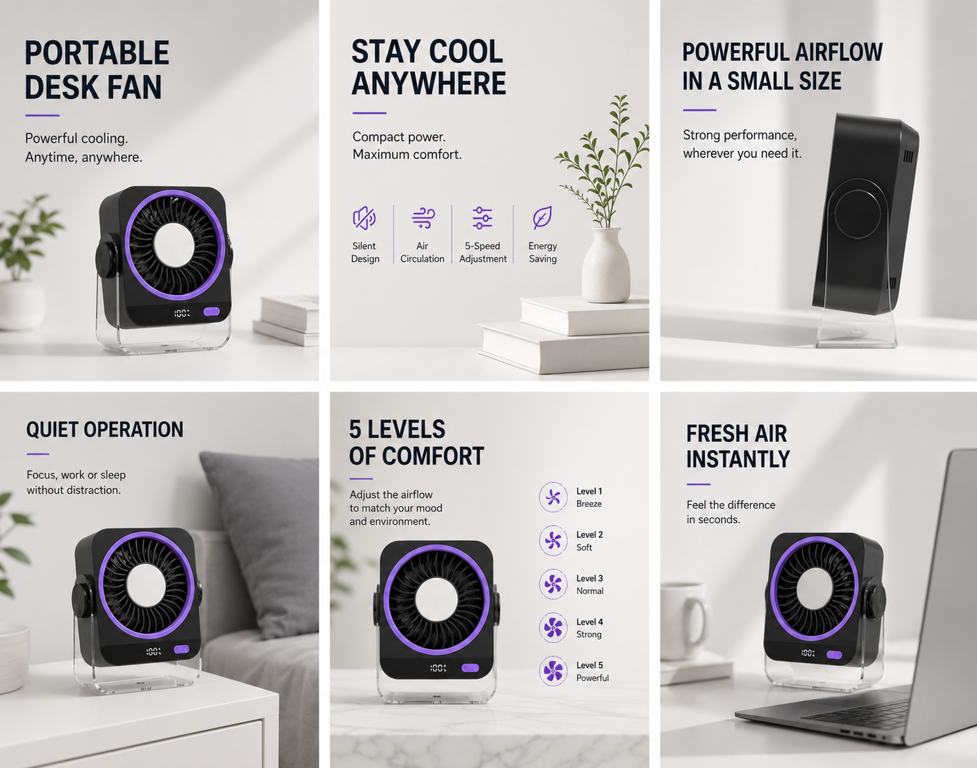 Ventilador USB recargable de escritorio con 5 velocidades y pantalla digital